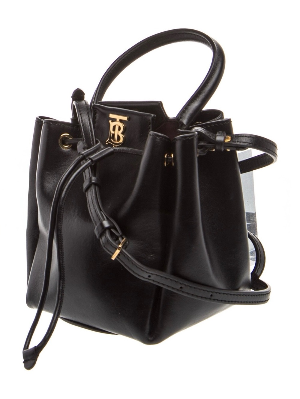 Burberry Black Leather TB Mini Drawstring Bucket Bag with Gold Hardware